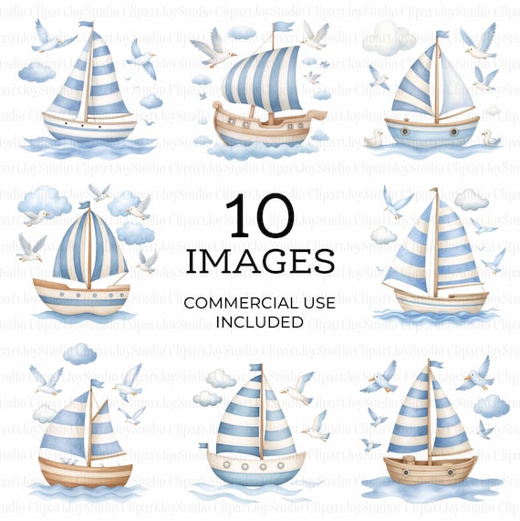Cartoon Ship Clipart, Nursery Sailboat Clipart, Printable Watercolor clipart, High Quality PNG, Digital download, Paper craft, journaling