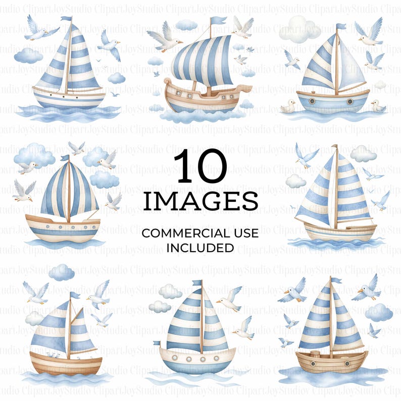 May include: A collection of watercolour illustrations featuring sailboats with blue and white striped sails, seagulls, and clouds. The image includes the text "10 IMAGES" and "COMMERCIAL USE INCLUDED". The boats are on blue water.