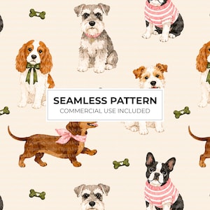 May include: A seamless pattern featuring various dog breeds including a Schnauzer, a Cavalier King Charles Spaniel, a Dachshund, and a French Bulldog, interspersed with small green bones on a cream background. Text reads SEAMLESS PATTERN COMMERCIAL USE INCLUDED.