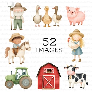 Clipart di animali da fattoria, simpatici animali da fattoria, cavallo, maiale, mucca, anatra, cuccioli, clipart di fienile, fattoria ad acquerello, download digitale / 053