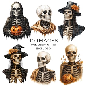 10 Halloween Skeleton Clipart, Skull Clipart, Printable Watercolor clipart, High Quality PNGs, Digital download, Paper craft, junk journals