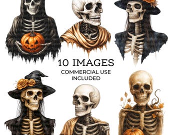 10 Halloween Skeleton Clipart, Skull Clipart, Printable Watercolor clipart, High Quality PNGs, Digital download, Paper craft, junk journals