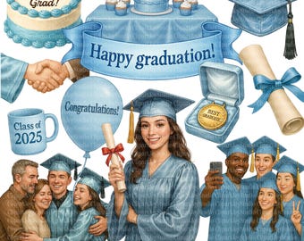 Watercolor Graduation Clipart Bundle, Graduation graphic, Printable PNG image, Digital Download, Paper Craft, Junk Journal | 075