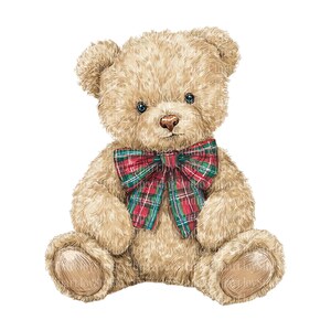 May include: A watercolor illustration of a seated teddy bear with light brown fur and a red and green plaid bow tie. The bear has small, dark eyes and detailed paws, set against a white background.