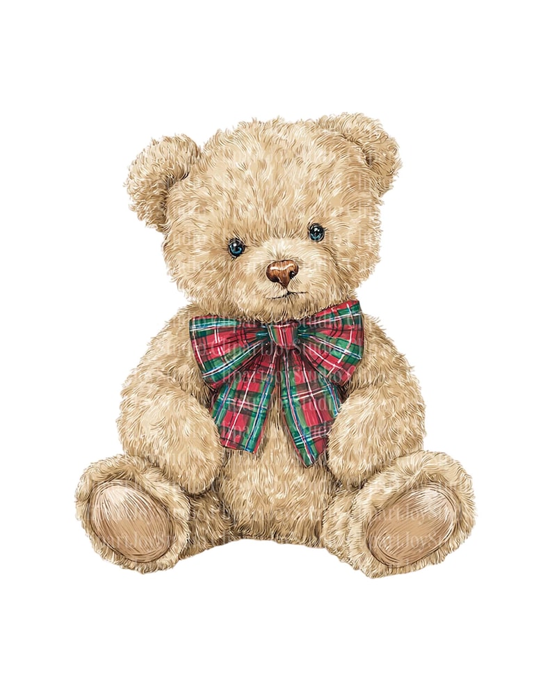 May include: A watercolor illustration of a seated teddy bear with light brown fur and a red and green plaid bow tie. The bear has small, dark eyes and detailed paws, set against a white background.