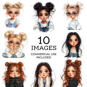 Quirky Cute Little Girl Clipart Bundle, Whimsical Illustration, Printable Watercolor clipart, High Quality PNG, Paper craft, Junk Journal