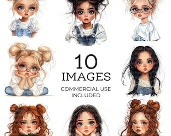 Quirky Cute Little Girl Clipart Bundle, Whimsical Illustration, Printable Watercolor clipart, High Quality PNG, Paper craft, Junk Journal