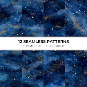Pode incluir: Doze padrões sem costura com um fundo azul escuro em aquarela, estrelas douradas e detalhes em glitter dourado. O texto "12 SEAMLESS PATTERNS COMMERCIAL USE INCLUDED" é exibido em um retângulo branco.