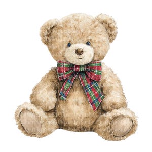 May include: A watercolor illustration of a teddy bear with light brown fur, blue eyes, and a red, green, and white plaid bow tie. The bear is sitting with its arms and legs outstretched, and the background is white.