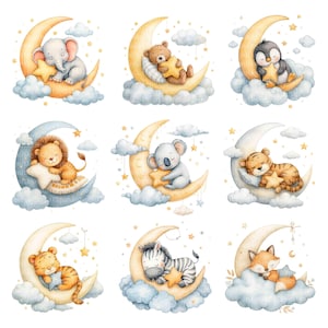 May include: Watercolor illustrations of various animals, including an elephant, bear, penguin, lion, koala, tiger, zebra, and fox, sleeping peacefully on crescent moons. Each animal is nestled on a cloud with a star, creating a whimsical, dreamy theme.