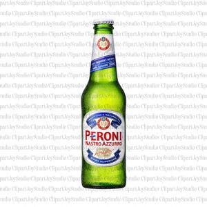 May include: A green Peroni Nastro Azzurro beer bottle with a silver cap. The label features the brand name in red and blue, with the words "Birra Superiore" and "Tradizione e Naturalit&agrave;". The bottle contains 330ml.