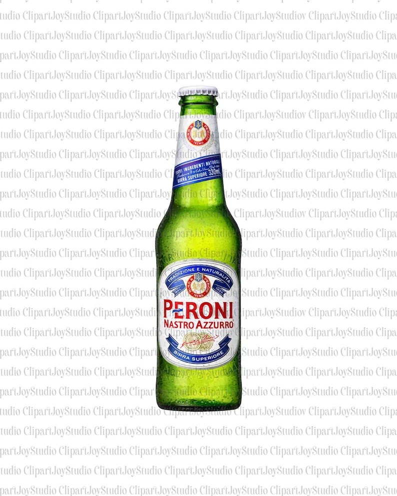 May include: A green Peroni Nastro Azzurro beer bottle with a silver cap. The label features the brand name in red and blue, with the words "Birra Superiore" and "Tradizione e Naturalit&agrave;". The bottle contains 330ml.