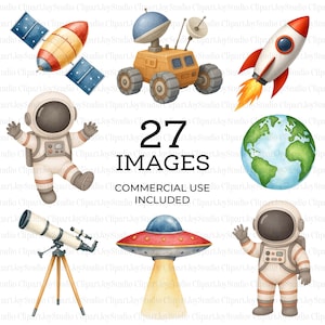 Pacchetto Clipart Spaziali, Clipart di Astronauti, Illustrazione di Pianeti, Razzi e Astronavi, PNG per la cameretta del bambino, Grafica per feste di compleanno / 045