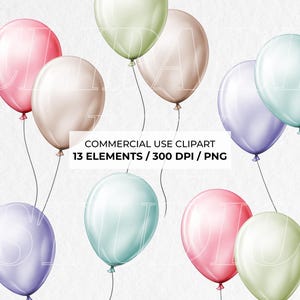 May include: A set of 13 pastel colored balloons, including pink, light blue, lavender, and beige. The balloons are glossy and have a watercolor effect.