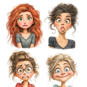 Bundle de cliparts drôle de fille de bande dessinée, graphiques de visage de personnes excentriques illustrations humoristiques de femme (téléchargement numérique d&#39;images PNG)