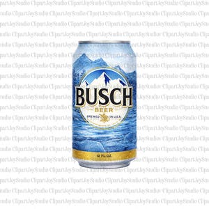 May include: A Busch beer can with a blue and white mountain and water design. The can has the word "BUSCH" in large letters, with "BEER" below it. The can is 12 fl oz.