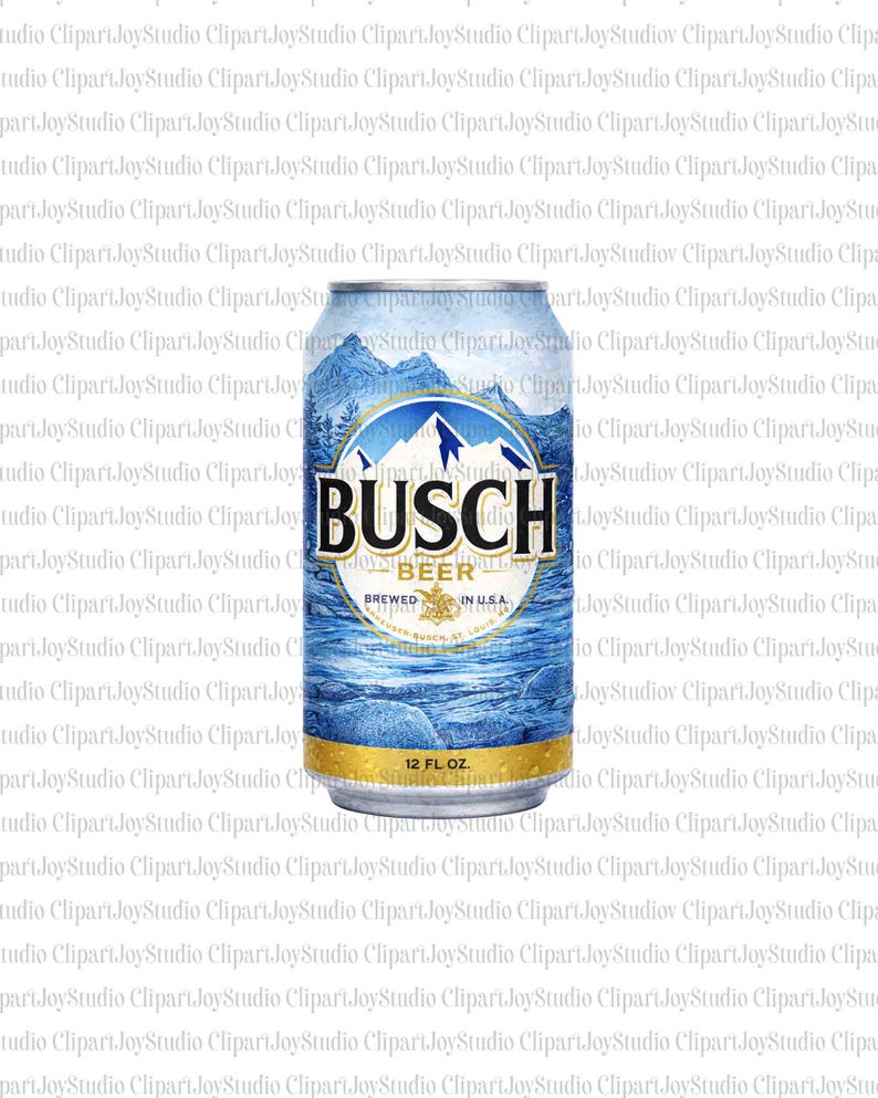 May include: A Busch beer can with a blue and white mountain and water design. The can has the word "BUSCH" in large letters, with "BEER" below it. The can is 12 fl oz.