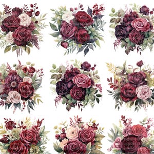 Pacote de clipart de flores cor de vinho, buquê de rosas, gráficos PNG, download digital, artesanato em papel, diário de lixo, scrapbooking imagem 1
