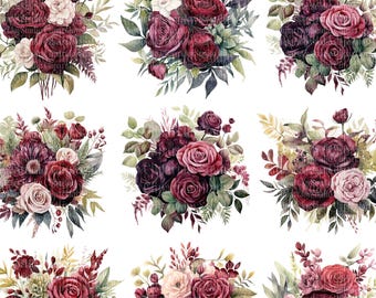 Burgundy Flowers Clipart Bundle, Rose Bouquet, PNG graphics, Digital download, Paper craft, junk journal, scrapbooking