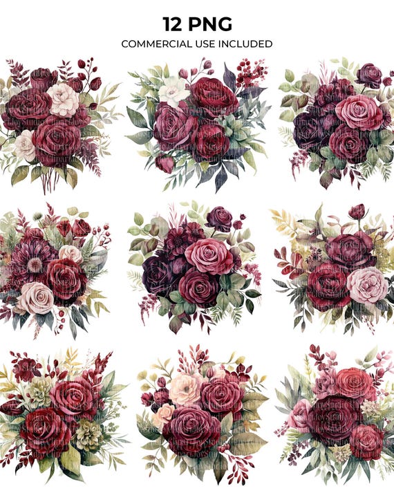 Burgundy Flowers Clipart Bundle, Rose Bouquet, PNG graphics, Digital download, Paper craft, junk journal, scrapbooking