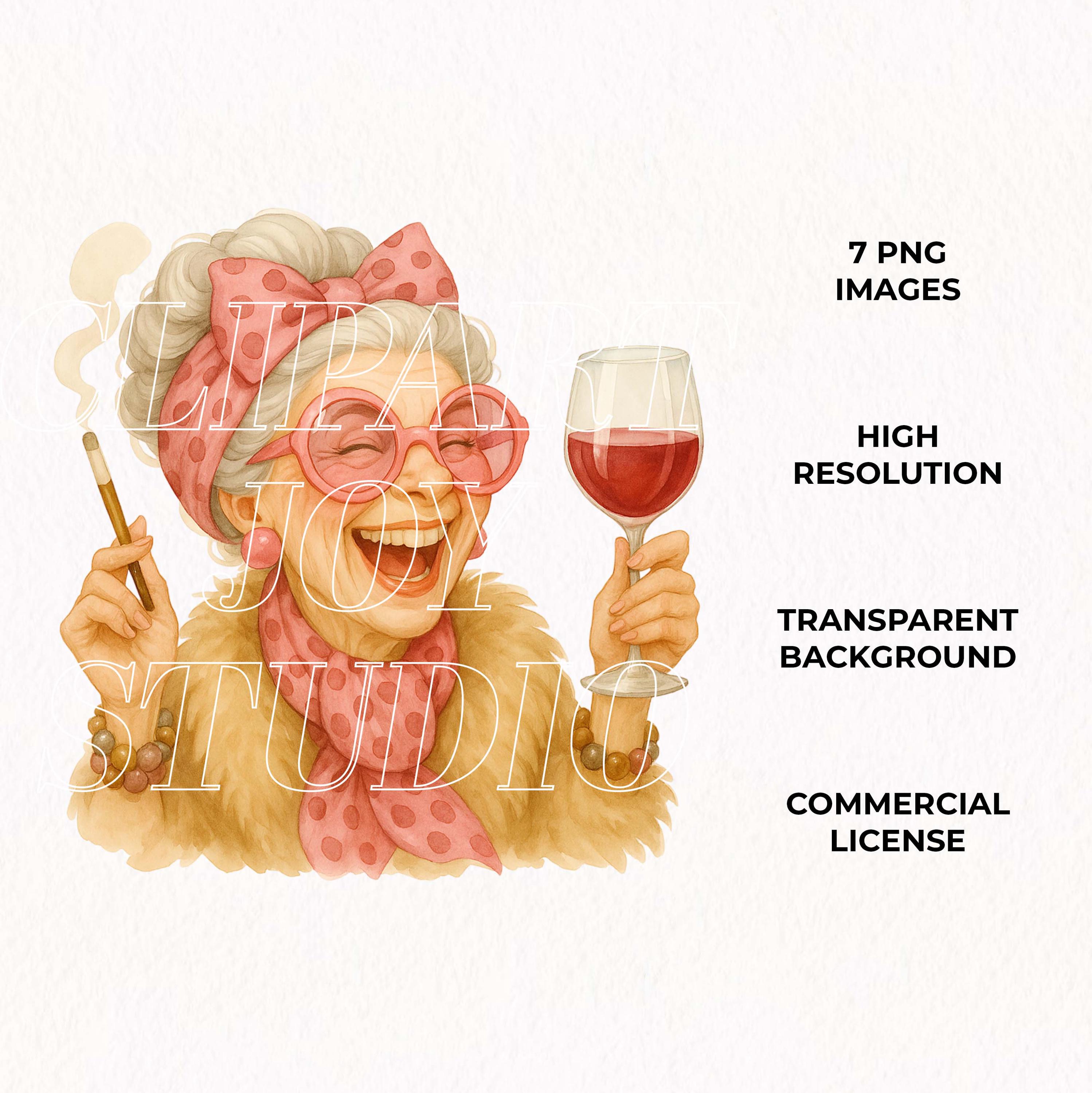 Funny Grandma Clipart, Senior Woman Drinking Red Wine, PNG Wine Humor ...