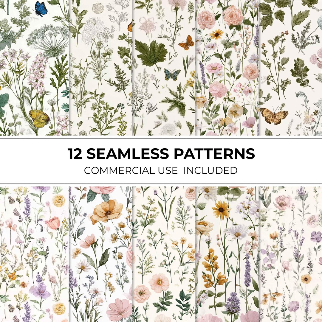 Wildflowers Seamless Pattern Bundle, Pastel Floral JPEG, Digital Paper ...