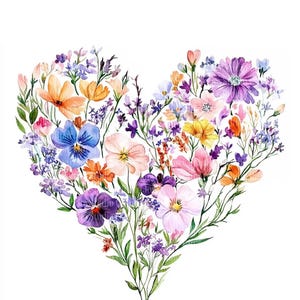 May include: Watercolor floral heart arrangement with a variety of colorful flowers, including pansies, daisies, and wildflowers. The arrangement is in shades of pink, purple, orange, and yellow, with green leaves. Text at the top reads "12 PNG COMMERCIAL USE INCLUDED."