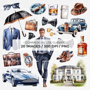 Clipart estetica del capo, immagini PNG di uomo d'affari, grafica di denaro antico ad acquerello, clipart maschile di stile di vita di lusso, gentiluomo, retrò 004