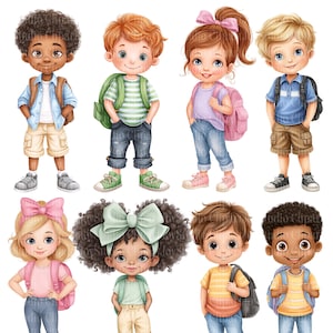 Puede incluir: Ilustración digital de ocho niños diversos, cada uno con una mochila, listos para la escuela. Los niños visten varios atuendos, incluyendo vaqueros, pantalones cortos y camisetas. La imagen incluye el texto "40 PNG USO COMERCIAL INCLUIDO".