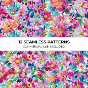 May include: A collection of 12 seamless floral patterns in vibrant colors. The designs feature a variety of flowers in shades of pink, blue, yellow, and purple. The text "12 SEAMLESS PATTERNS COMMERCIAL USE INCLUDED" is displayed.