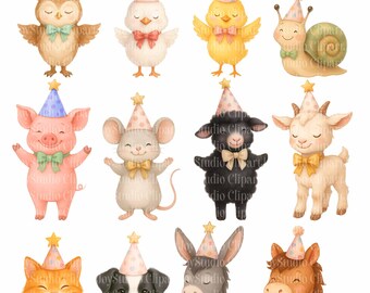 Watercolor Birthday Animals clipart, Party animals PNG, Printable junk journals scrapbook images, Digital Download, Paper craft clip art