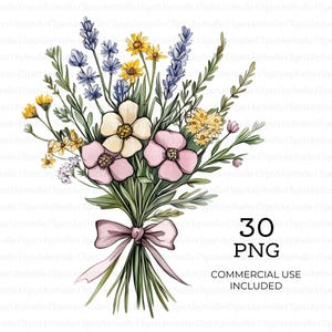 Clipart bouquet esquissé, Doodle fleurs botaniques dessinées à la main, images PGN, dessin au trait fleurs sauvages, créations en papier, journal indésirable | 064