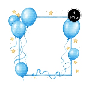 Birthday Frame Clipart, Blue Birthday Balloons, Printable Watercolor clipart, High Quality PNG, Digital download, Paper crafts