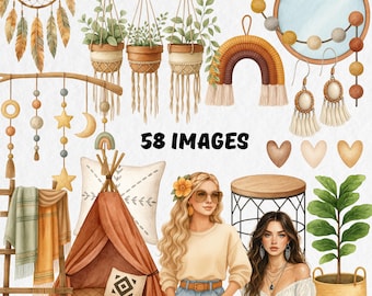 Paquete de imágenes prediseñadas bohemias en acuarela, chica bohemia, imágenes PNG, conjunto de imágenes prediseñadas para guardería, casa de estilo boho, gráficos boho, manualidades de papel, diario basura