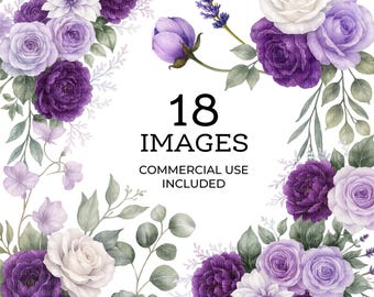 Purple Flowers Bouquet Clipart, Violet Floral, Printable Watercolor clipart, High Quality PNG, Digital download, Paper craft, junk journal