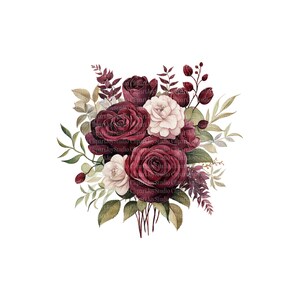Pode incluir: Ilustra&ccedil;&atilde;o em aquarela de um buqu&ecirc; de rosas bord&ocirc; e cam&eacute;lias brancas. O arranjo floral inclui folhas verdes e bege, e detalhes em bord&ocirc; escuro, em um fundo branco.
