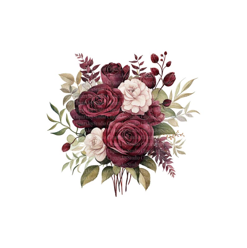 Pode incluir: Ilustra&ccedil;&atilde;o em aquarela de um buqu&ecirc; de rosas bord&ocirc; e cam&eacute;lias brancas. O arranjo floral inclui folhas verdes e bege, e detalhes em bord&ocirc; escuro, em um fundo branco.