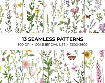 Wildflowers Seamless Pattern Bundle, Pastel Floral JPEG, Digital paper craft, Scrapbook paper, Fabric pattern, Seamless Background | 120
