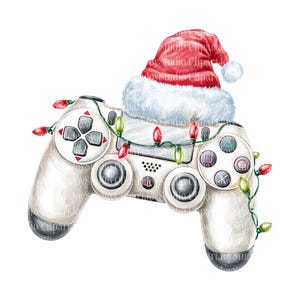 Puede incluir: Un mando de videojuegos blanco decorado con un gorro de Papá Noel y luces navideñas. El mando tiene botones negros y una cruceta. El gorro de Papá Noel es rojo con ribete blanco y un pompón blanco. Las luces son rojas y verdes.