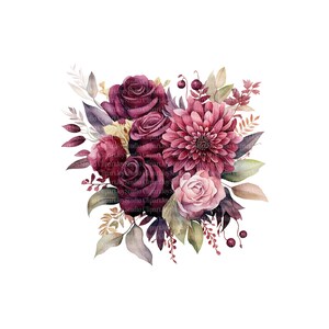 Pode incluir: Ilustra&ccedil;&atilde;o em aquarela de um buqu&ecirc; de flores. O arranjo apresenta rosas bord&ocirc; profundas, uma grande d&aacute;lia marrom e uma rosa rosa p&aacute;lido. Folhas e bagas verdes e bege acentuam as flores em um fundo branco.