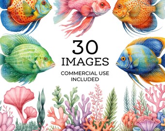 Imágenes prediseñadas de arrecife de coral, mundo submarino, imágenes prediseñadas de acuarela imprimibles, gráficos PNG, descarga digital, manualidades de papel / 090
