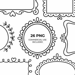 Könnte beinhalten: Schwarz-weiße digitale Illustrationen verschiedener Rahmen und Bordüren. Die Designs umfassen rechteckige, ovale und kreisförmige Formen mit dekorativen Elementen wie Herzen, Wirbeln und floralen Akzenten. Der Text "26 PNG COMMERCIAL USE INCLUDED" ist enthalten.
