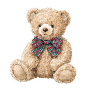 May include: A watercolor illustration of a teddy bear with light brown fur, a brown nose, and blue eyes. The bear wears a plaid bow tie with red, green, and blue accents. The bear is sitting with its paws forward.
