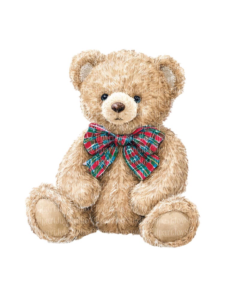 May include: A watercolor illustration of a teddy bear with light brown fur, a brown nose, and blue eyes. The bear wears a plaid bow tie with red, green, and blue accents. The bear is sitting with its paws forward.