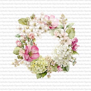 May include: Watercolor floral wreath featuring pink and white flowers, green leaves, and buds. The design is arranged in a circular shape, perfect for invitations and decorative projects. The background is white.