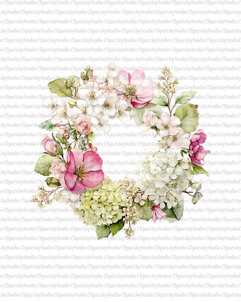 May include: Watercolor floral wreath featuring pink and white flowers, green leaves, and buds. The design is arranged in a circular shape, perfect for invitations and decorative projects. The background is white.