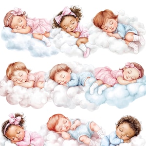 Sleeping Baby on a Cloud Clipart Bundle - Printable Watercolor PNG images (digital download)