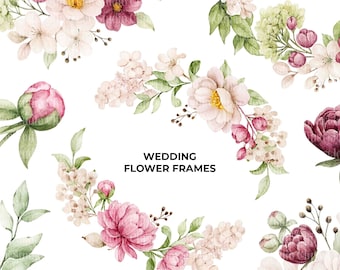 Watercolor Wedding Flower Frames Clipart, Wedding Frame Borders, Floral Frame PNG graphic, Digital Download, Paper Craft, Invites | 184