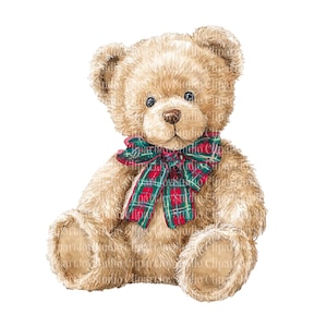 May include: A light brown teddy bear illustration with a red and green plaid bow. The bear has a classic design with a soft, plush appearance, and is sitting upright. The image is set against a white background.