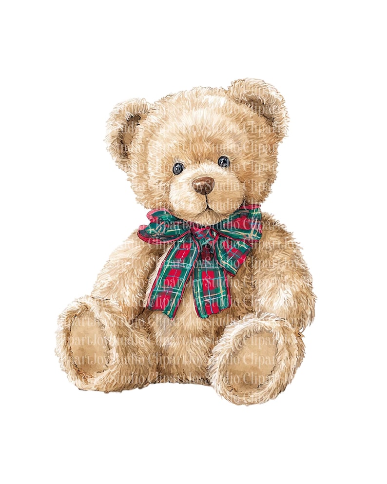 May include: A light brown teddy bear illustration with a red and green plaid bow. The bear has a classic design with a soft, plush appearance, and is sitting upright. The image is set against a white background.
